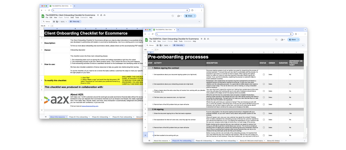 Onboarding Checklist for Ecommerce Clients A stylized screenshot of the A2X Onboarding Checklist for Ecommerce Clients