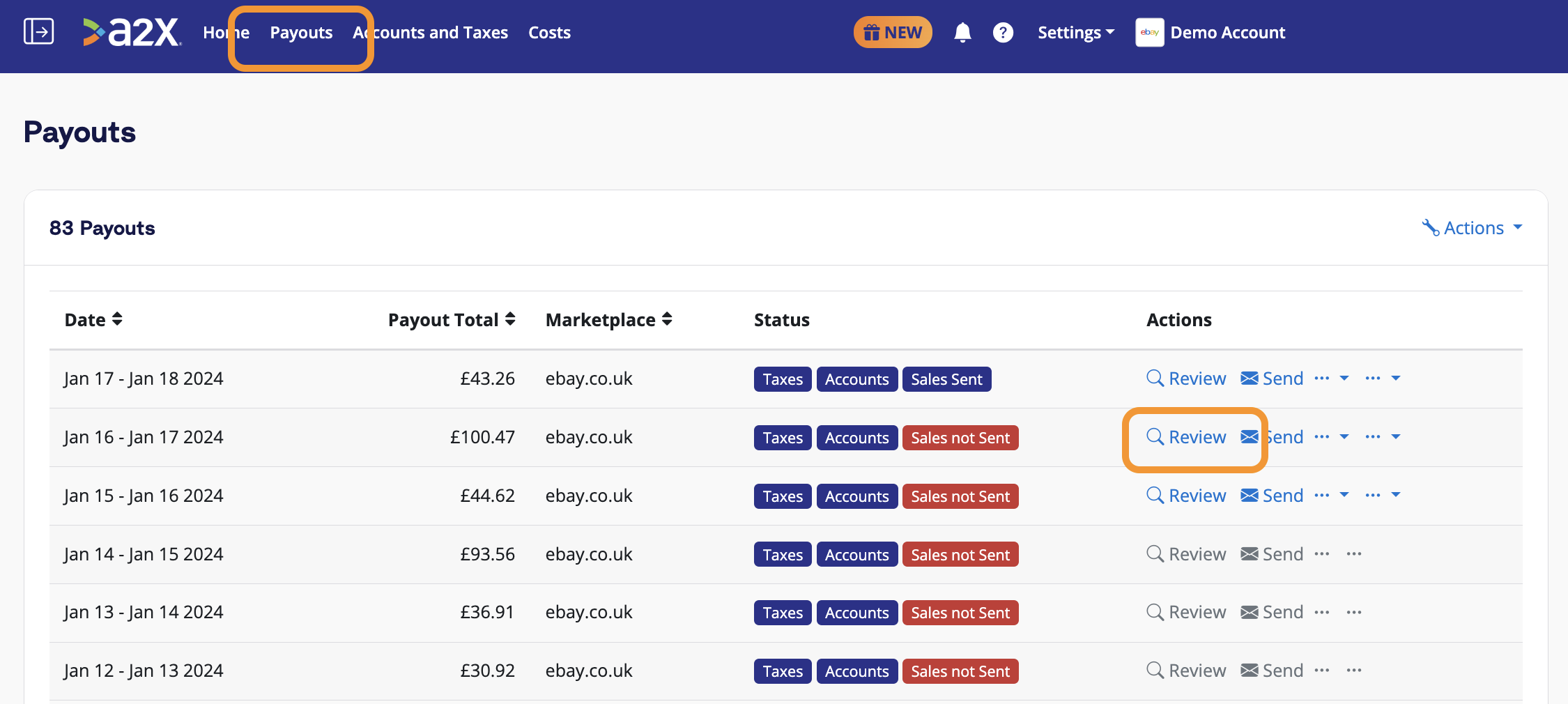 The A2X Payouts tab - Review eBay payouts before sending to Sage The A2X Payouts tab, with indications showing the location of the page on the top navigation, and where users can click to review how A2X has categorized a payout