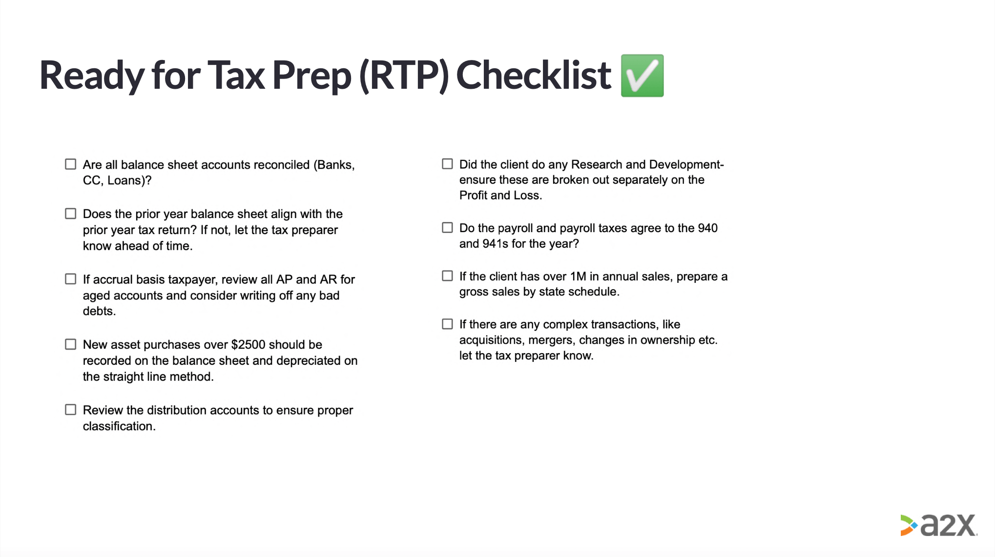 Ready for tax prep checklist A checklist to give to Bookkeepers and CPAs ahead of tax prep