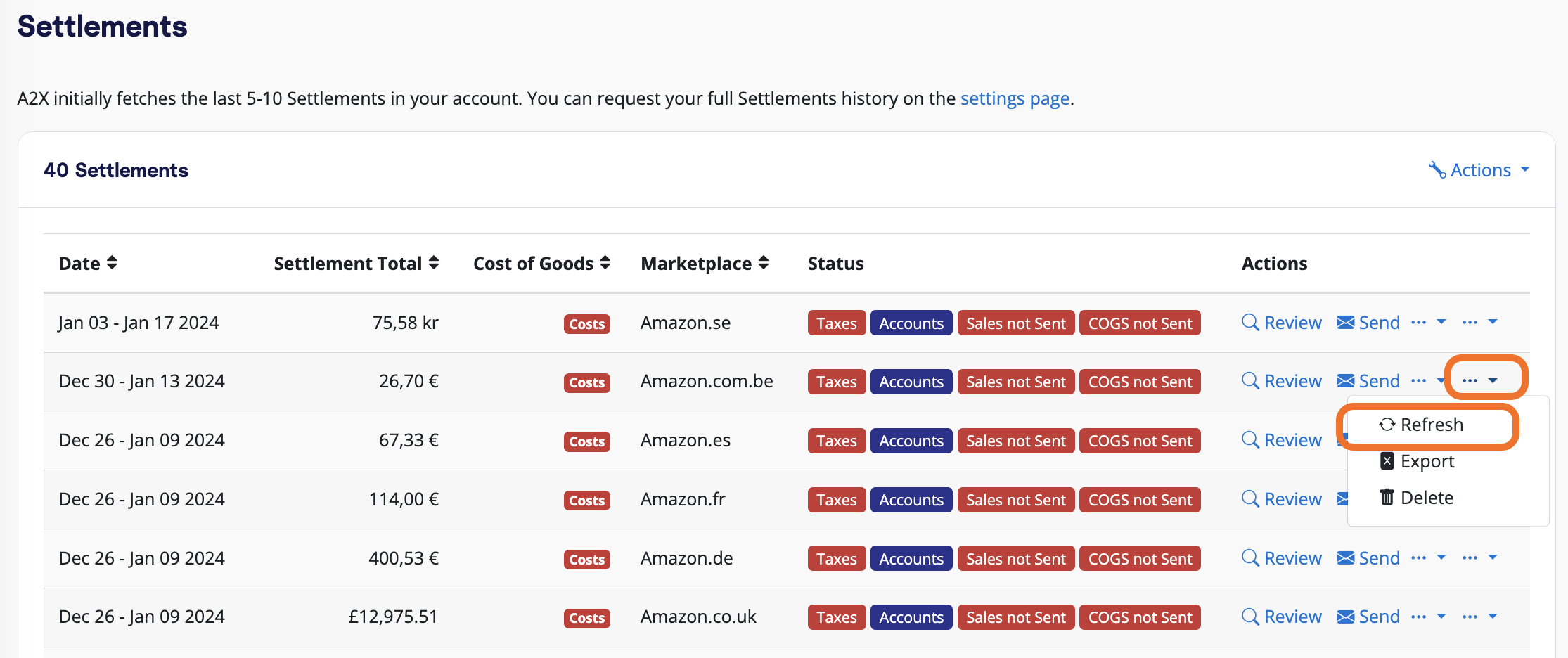 The A2X Settlements Page The A2X Settlements Page: Click 'Refresh'