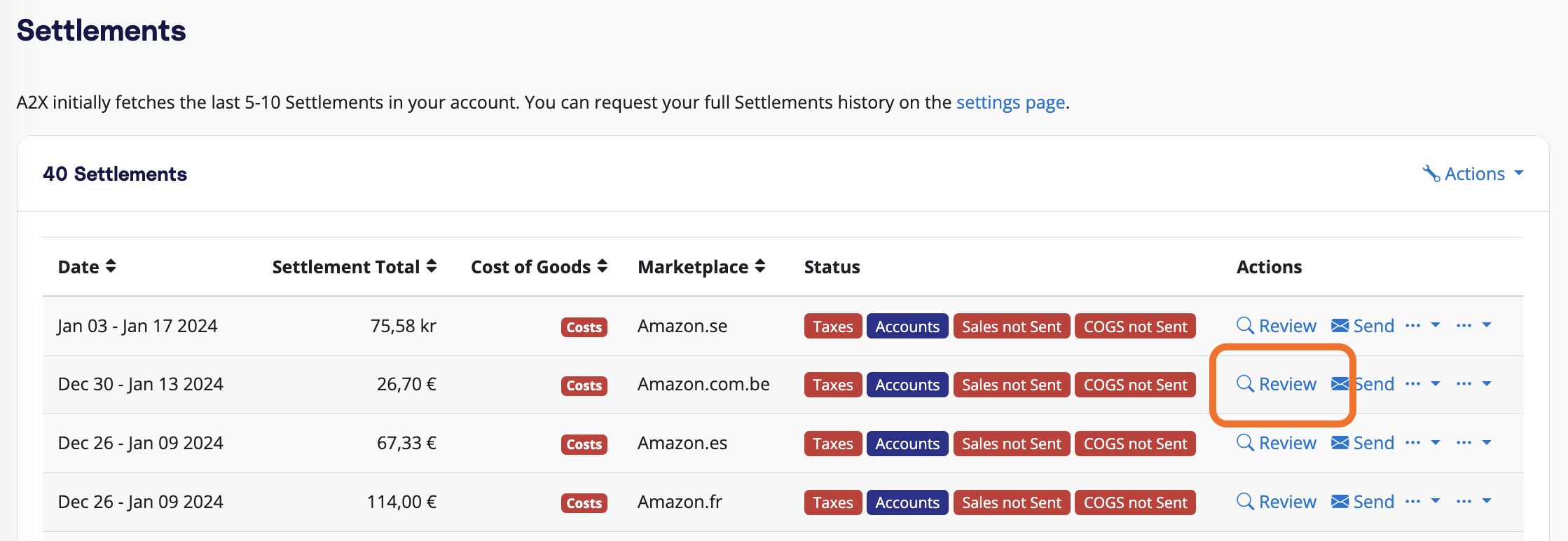 The A2X Settlements Page: Click 'Review' The A2X Settlements Page: Click 'Review'