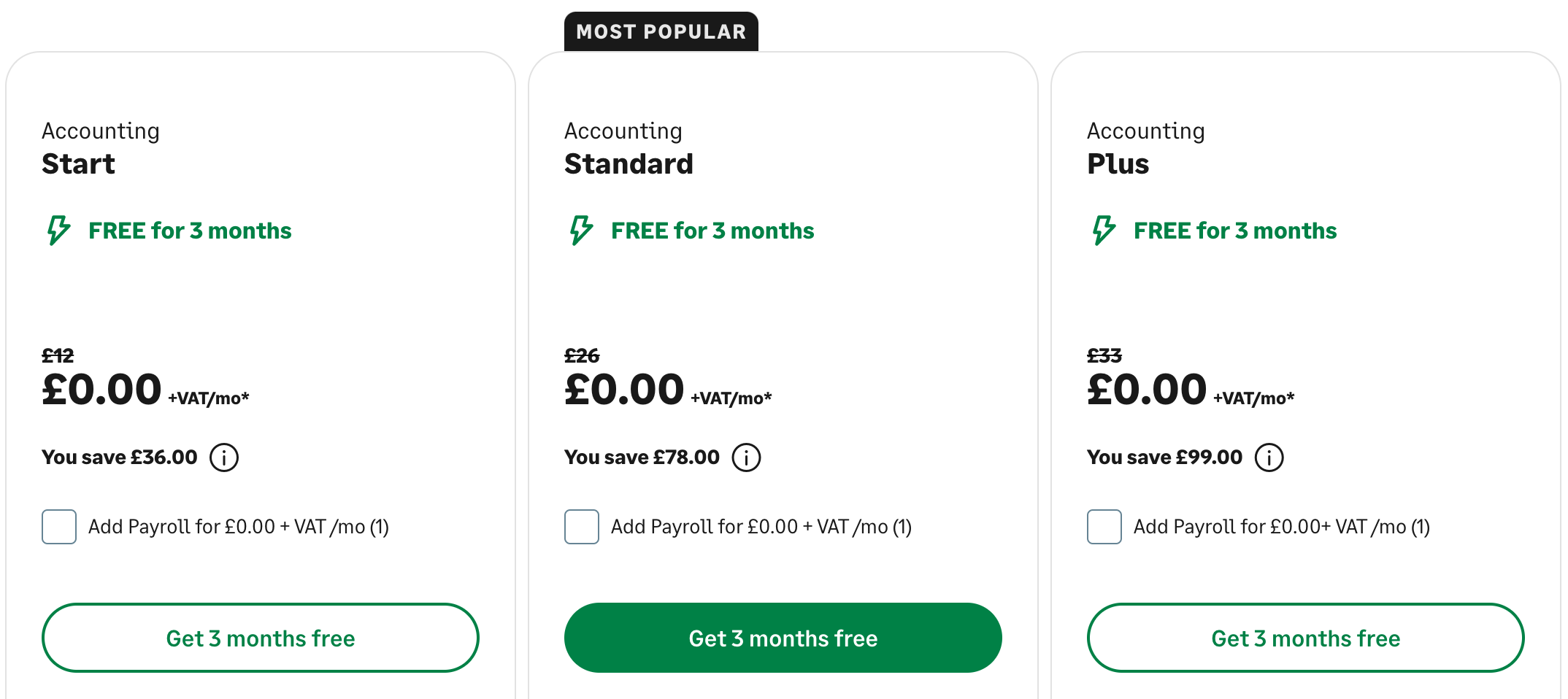 Sage plans A picture of all available Sage plans called Start, Standard, and Plus