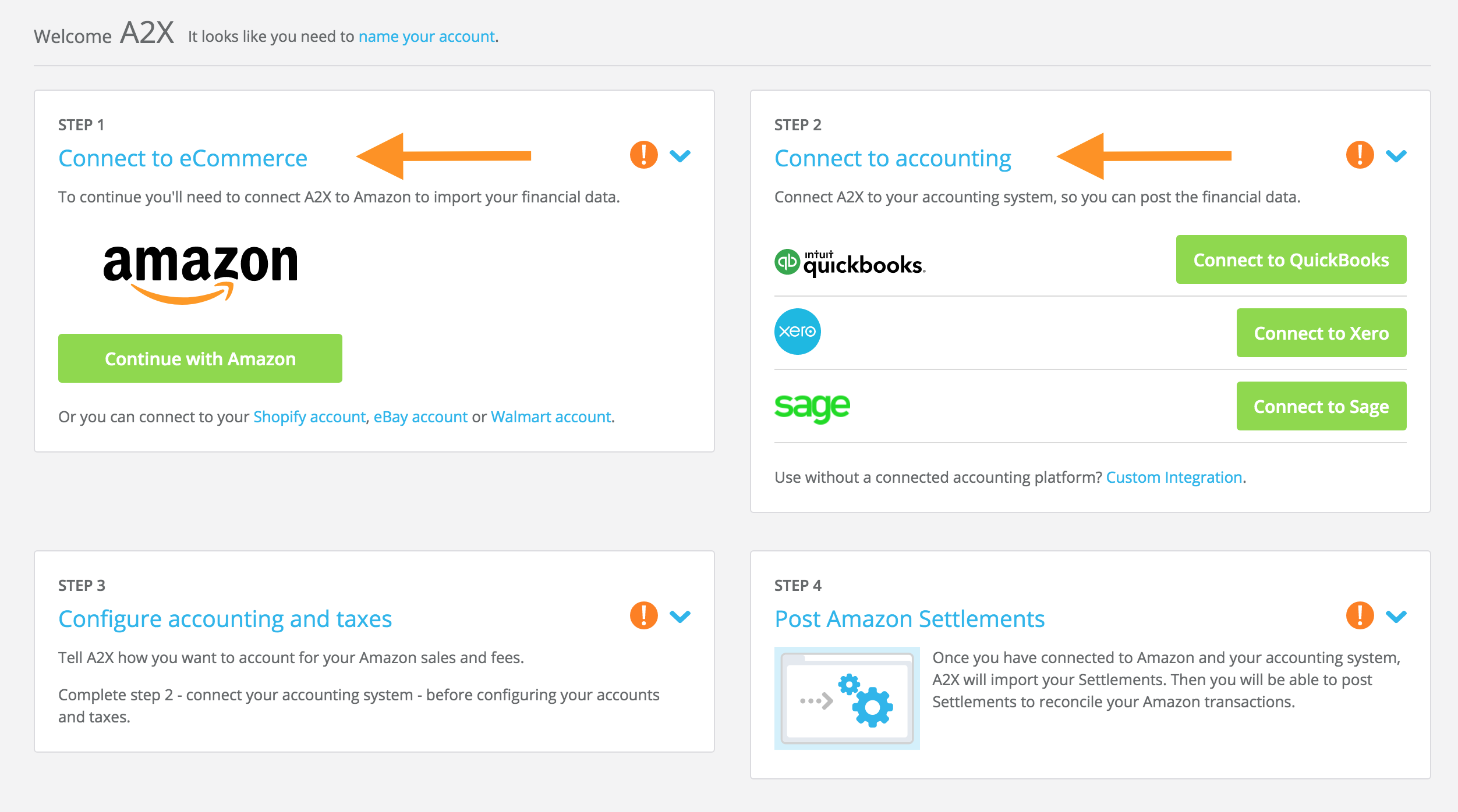 connect to ecommerce A screenshot of the A2X dashboard prompting users to connect to ecommerce platform