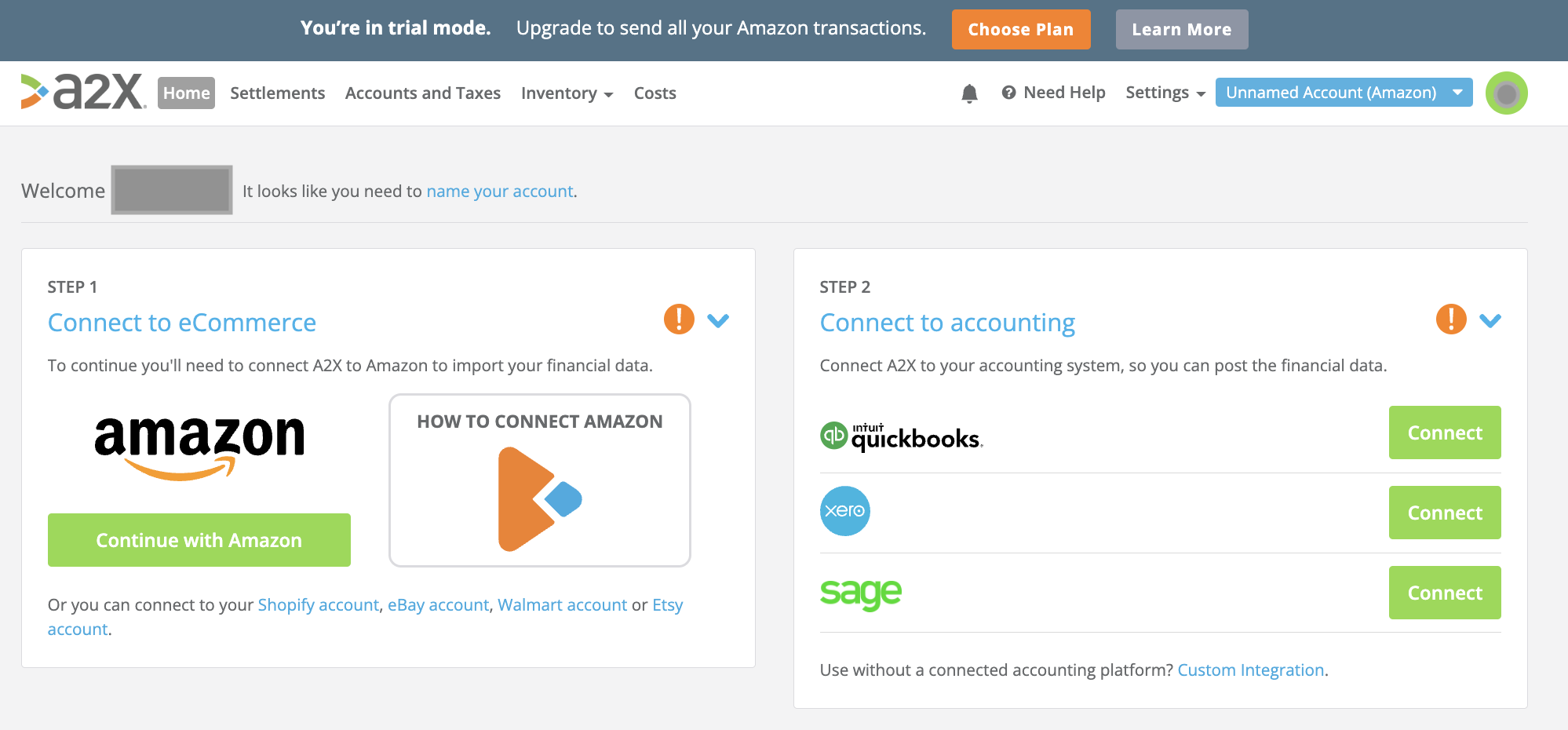 A2X dashboard Screenshot of a new A2X account dashboard showing that no accounts have been connected