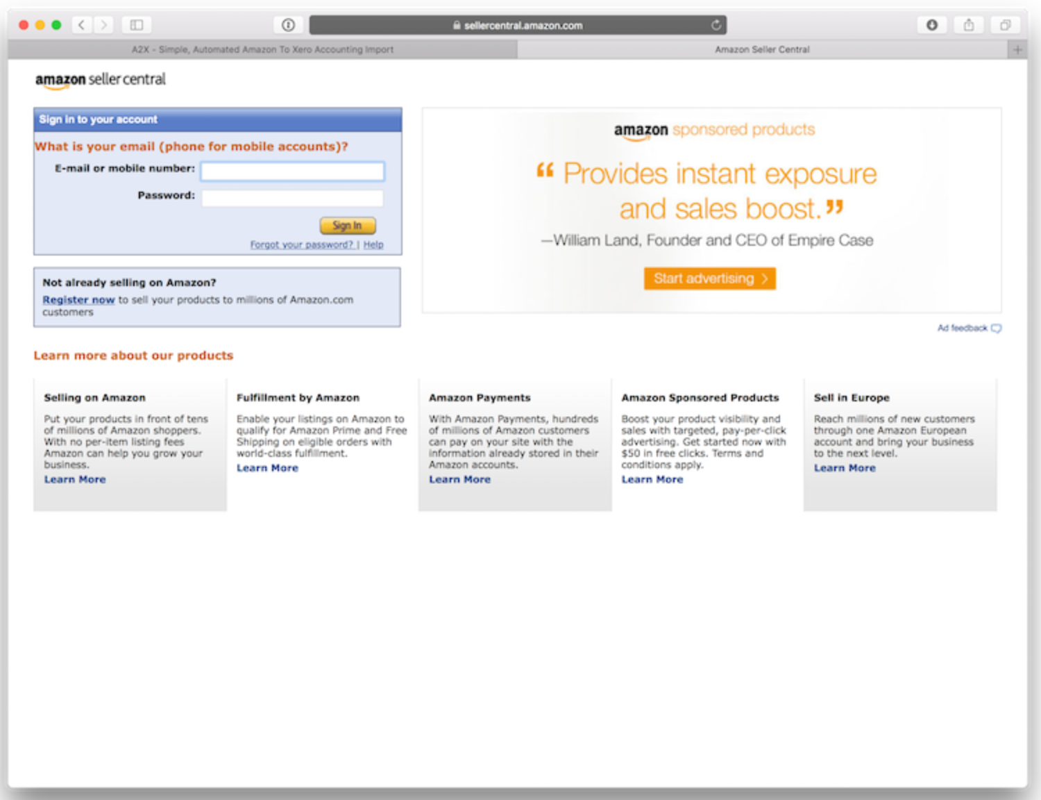 Screenshot showing the login page for Amazon Seller Central