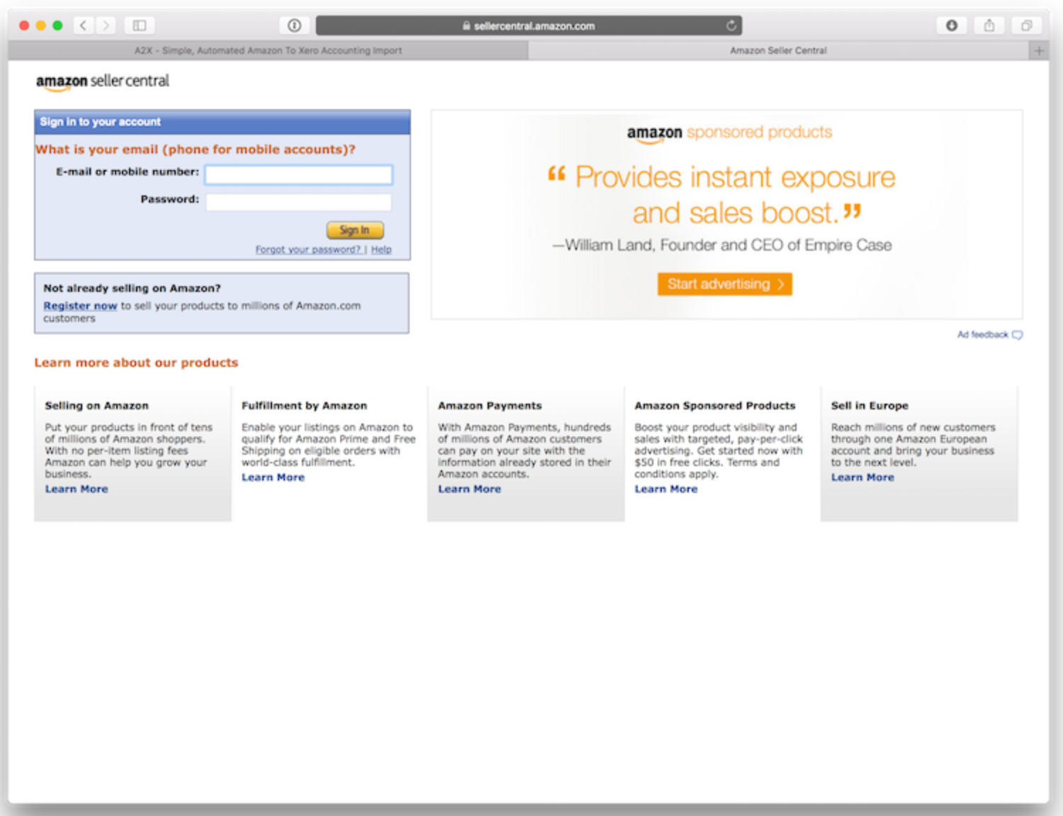 Amazon seller central Screenshot showing the login page for Amazon Seller Central