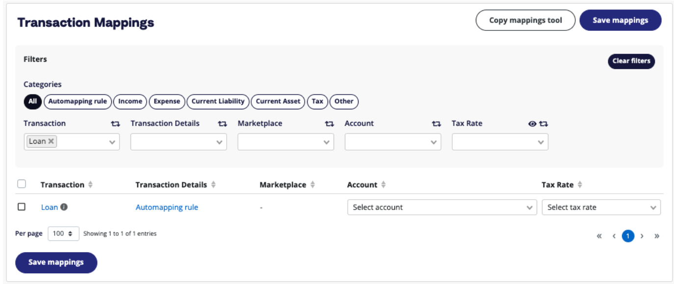 eBay loans transaction line on V2 mapping page