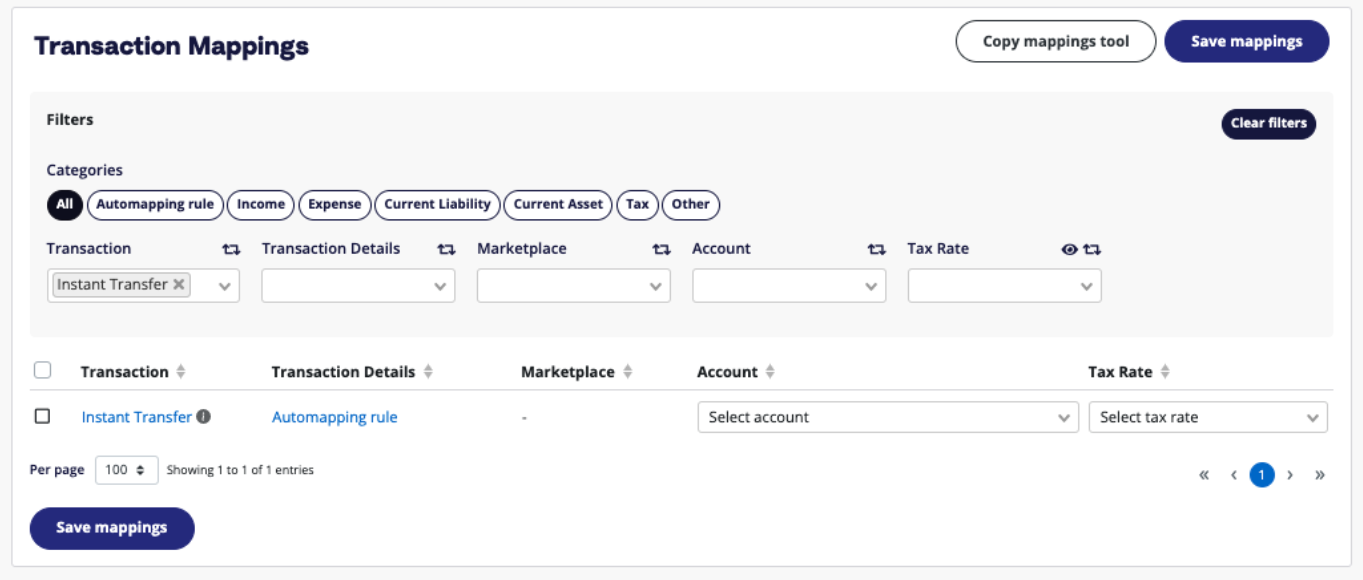 Instant transfer transaction on mapping page V2