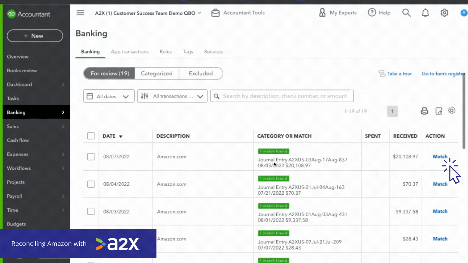 An A2X entry perfectly matching in QuickBooks Online