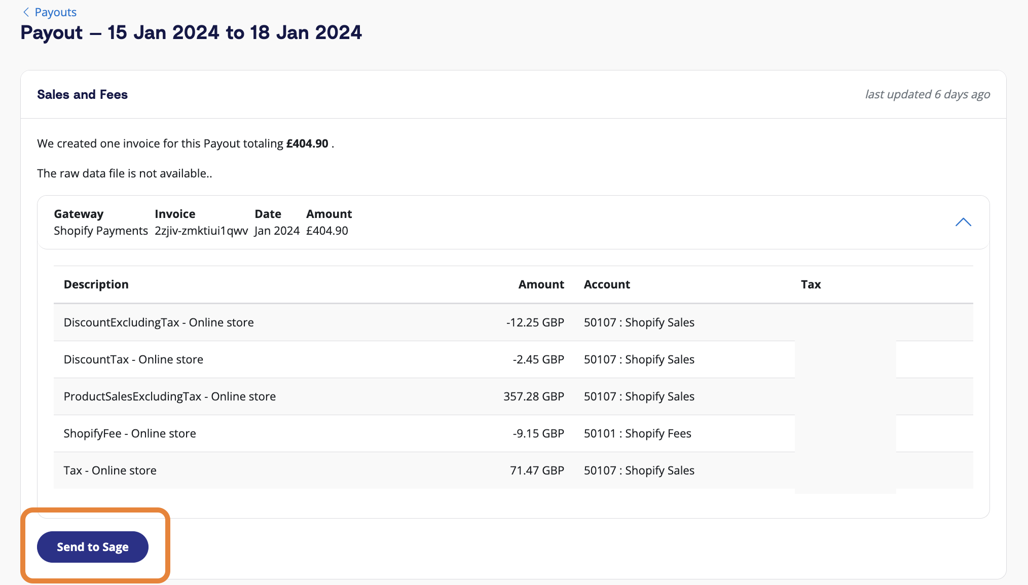 Review a payout in A2X, then send to Sage When a user clicks into a payout in A2X, review how A2X has categorized the transactions, then click the 'Send to Sage' button when ready.