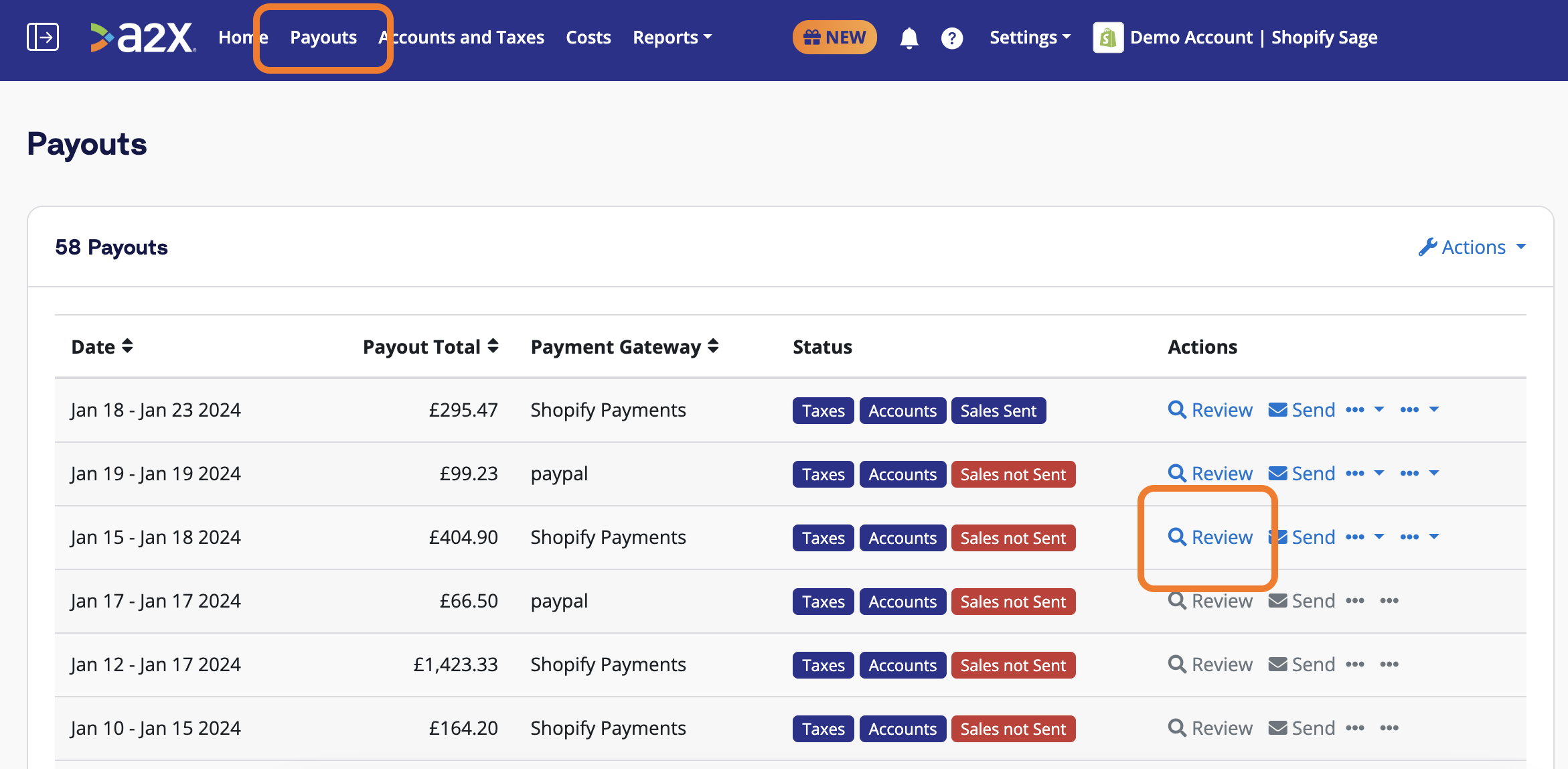 The A2X Payouts tab, which lists all payouts from Shopify fetched by A2X. Click 'Review' to see the details of a payout.