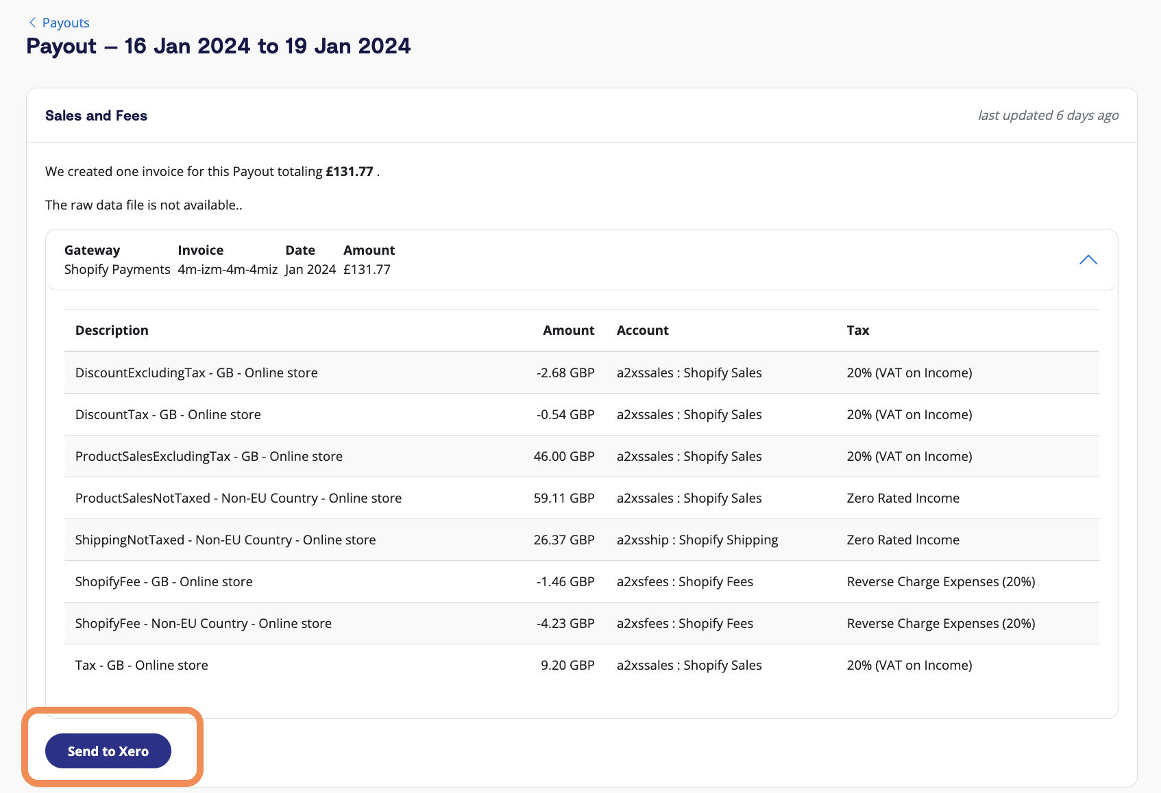 Click the dropdown beside a payout to see how A2X has categorized the transactions. When you're ready, click the 'Send to Xero' button.