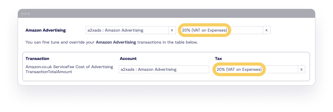 A screenshot from A2X showing you can choose to apply VAT to particular expenses or not, in this example 20% VAT is applied to the Amazon Advertising expense