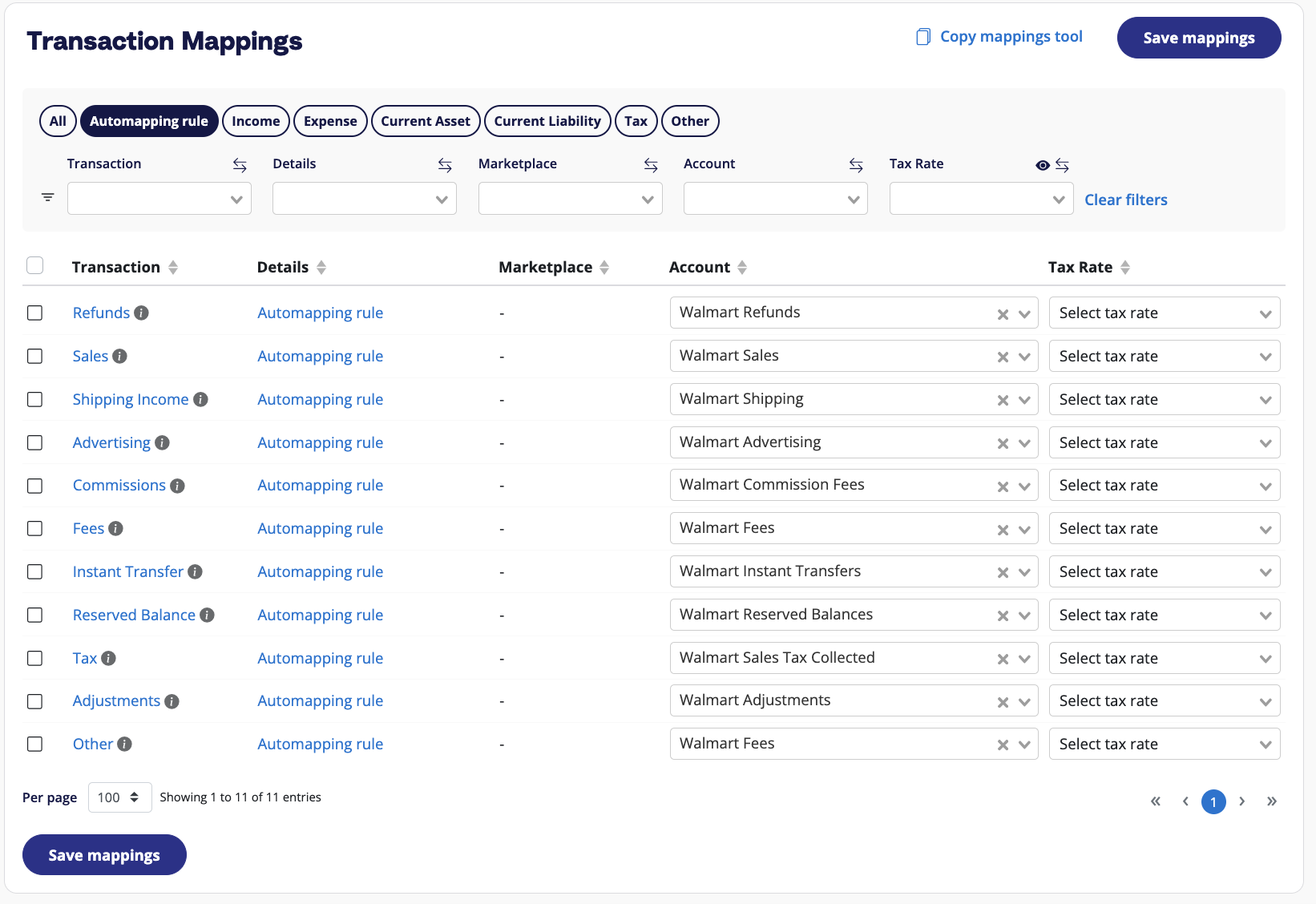 The A2X Accounts and Tax Mapping page, where users can allocate different transaction types to specific accounts and tax rates.