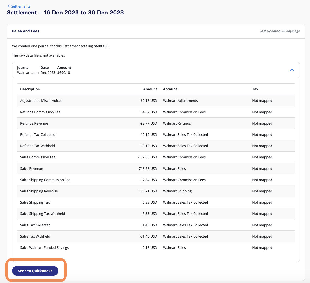 How users can click down on the dropdown arrow to review the details of a Walmart Settlement, then click 'Send to QuickBooks' to post to QBO.