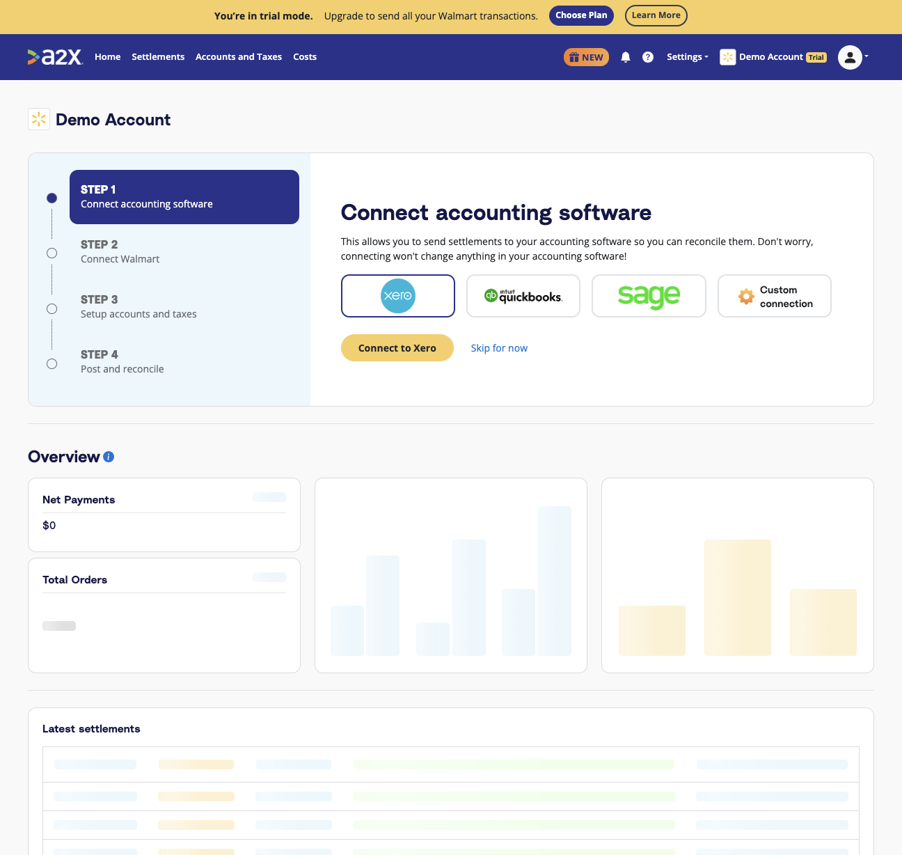 A zoomed-out version of the A2X dashboard when you first land on it.