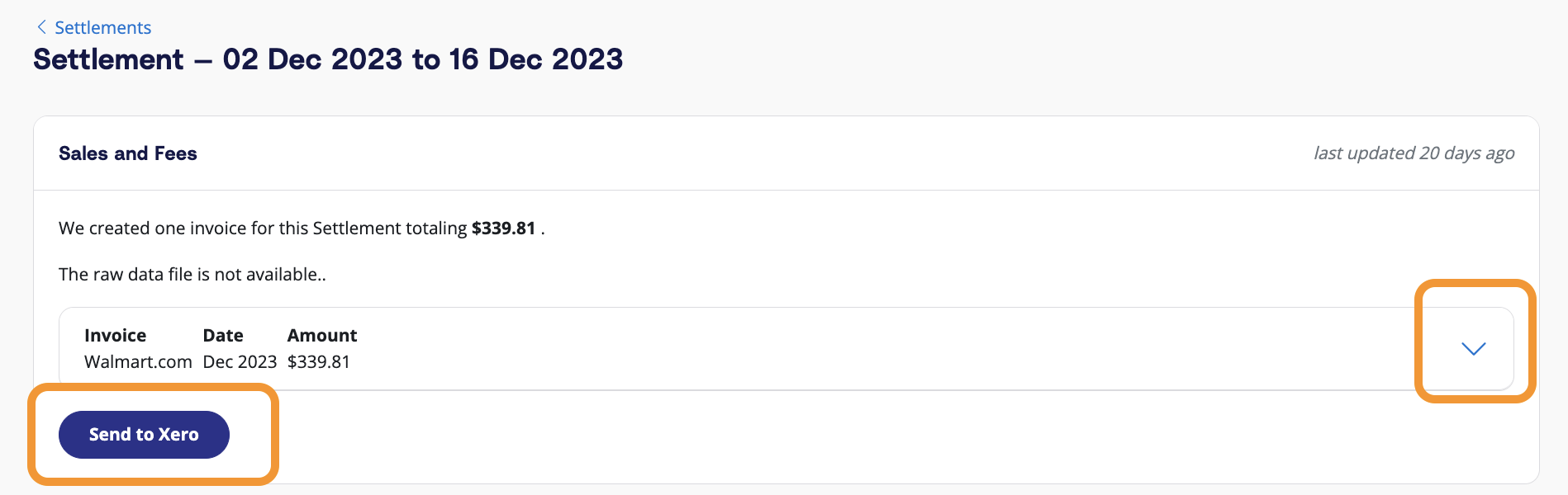 Review settlement details, then send to Xero Click on the dropdown arrow to review the details of each settlement and how A2X has coded each transaction. Click the 'Send to Xero' button to post to Xero.