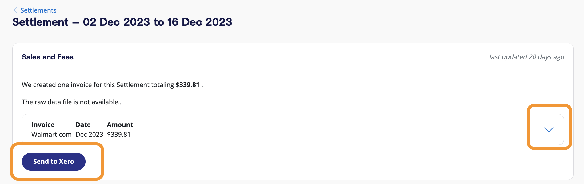 Click on the dropdown arrow to review the details of each settlement and how A2X has coded each transaction. Click the 'Send to Xero' button to post to Xero.