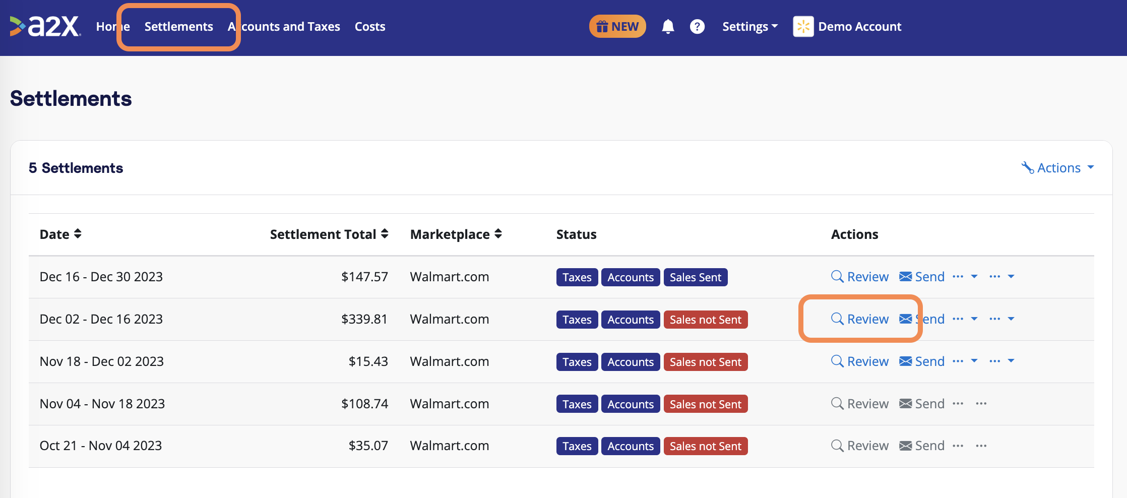 A2X Settlements tab – Click 'Review' to see details for a particular settlement The A2X Settlements page, where users can see settlements fetched by A2X, and click 'Review' to see how A2X has coded each transaction.