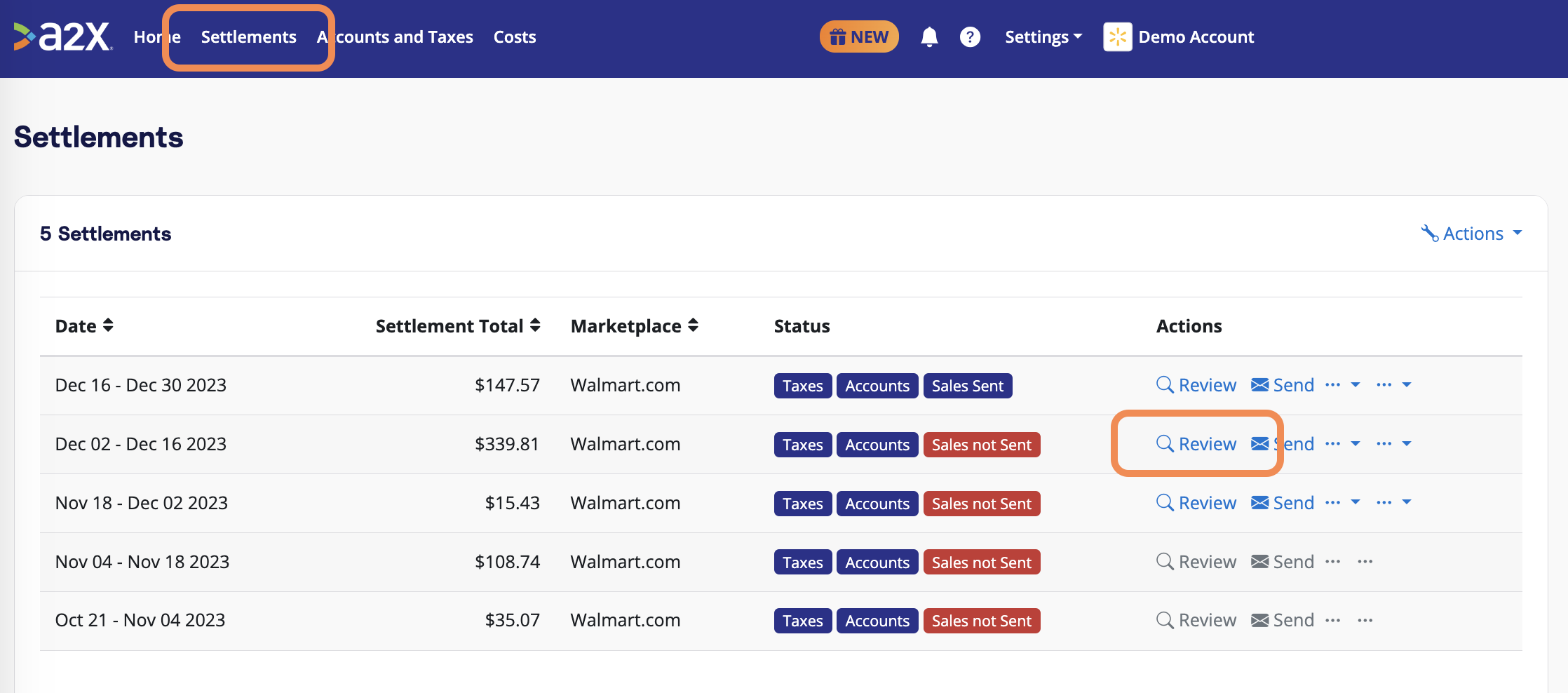 The A2X Settlements page, where users can see settlements fetched by A2X, and click 'Review' to see how A2X has coded each transaction.