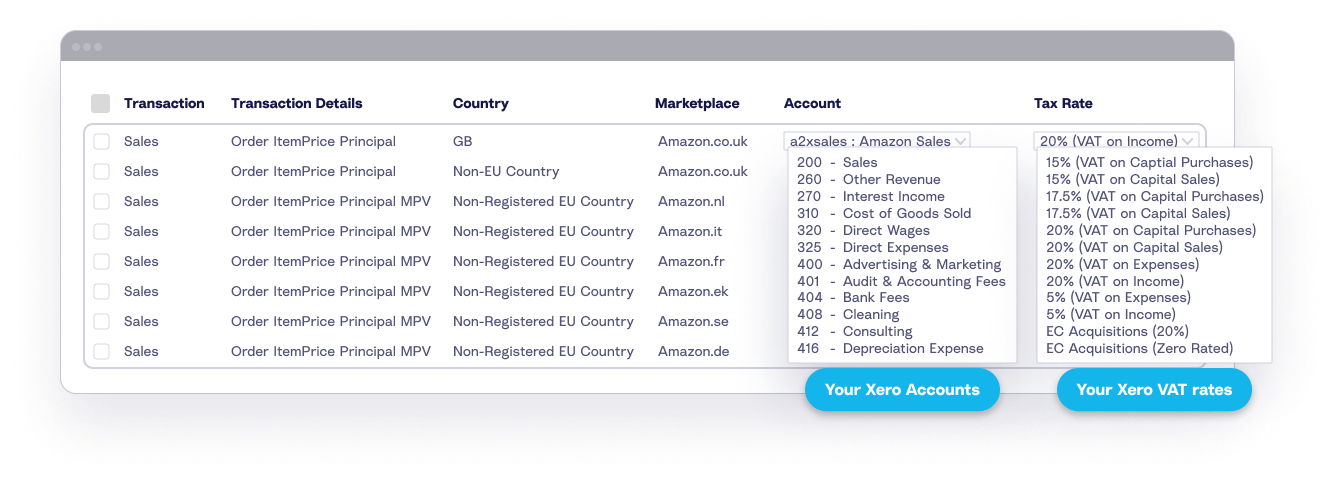 A screenshot showing how A2X integrates with various tax rates already set up in Xero