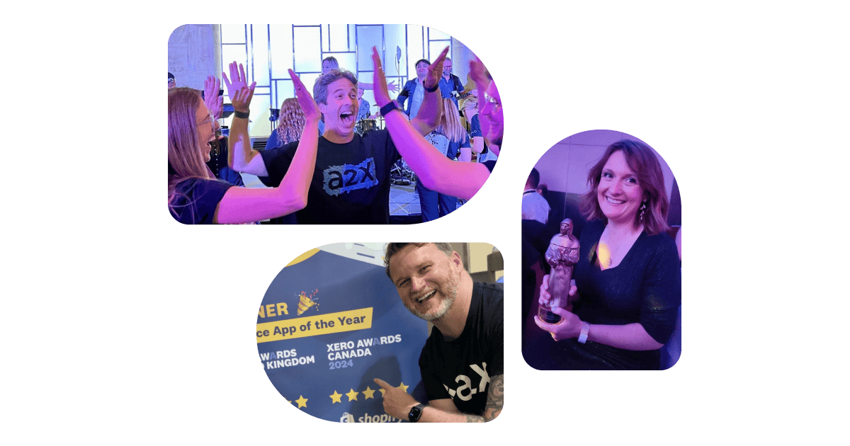A collage of three celebration photos from the Xero Awards. Top left: A group of excited A2X team members cheering and high-fiving at an event. Bottom left: A smiling man in an A2X t-shirt posing in front of a banner reading 'Practice App of the Year – Xero Awards United Kingdom and Canada 2024.' Right: A woman smiling and holding a trophy at the awards ceremony.