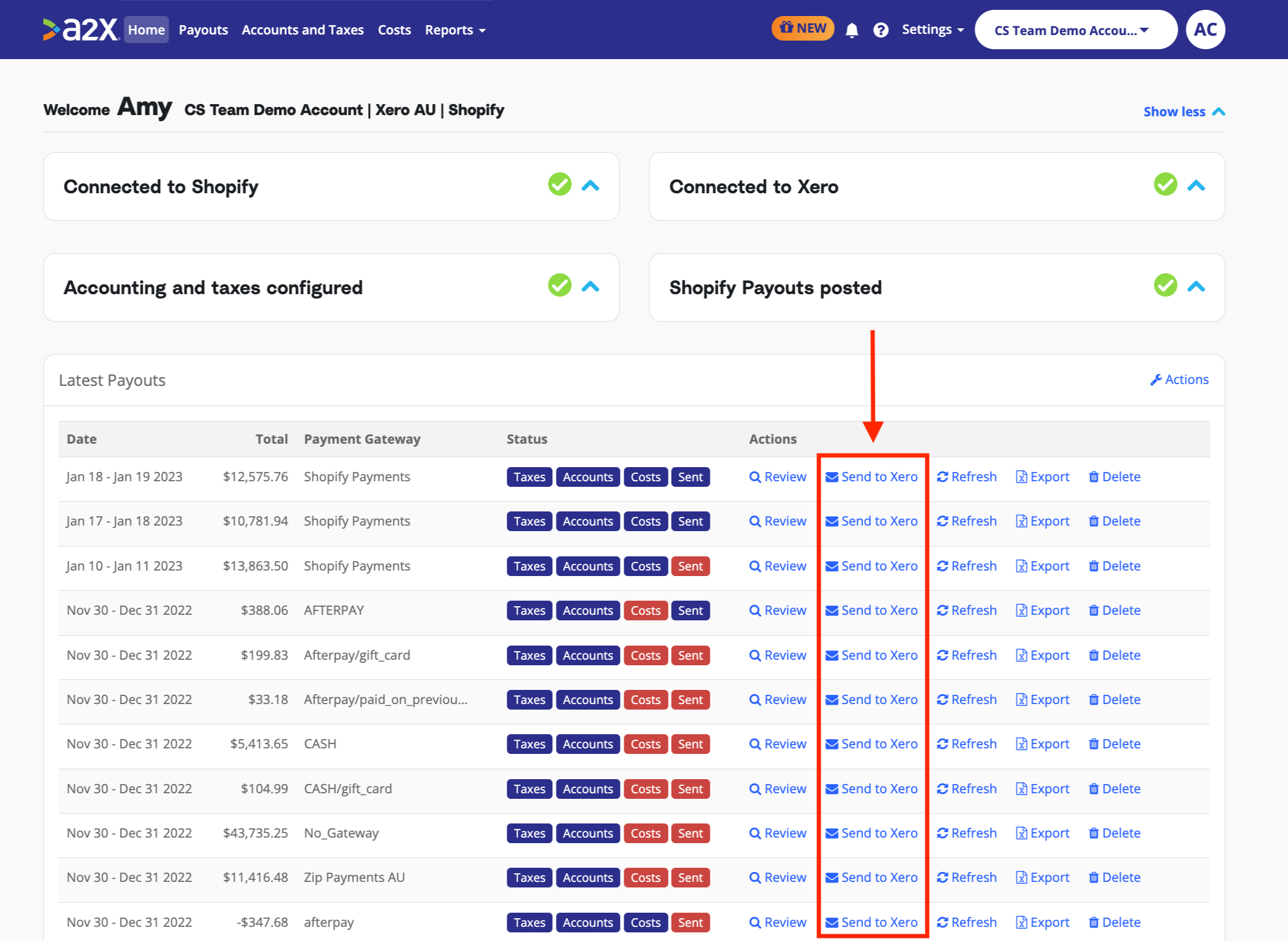 A2X homepage A screenshot of the A2X homepage showing payments from different payment gateways. A red arrow points out the "send to Xero" button