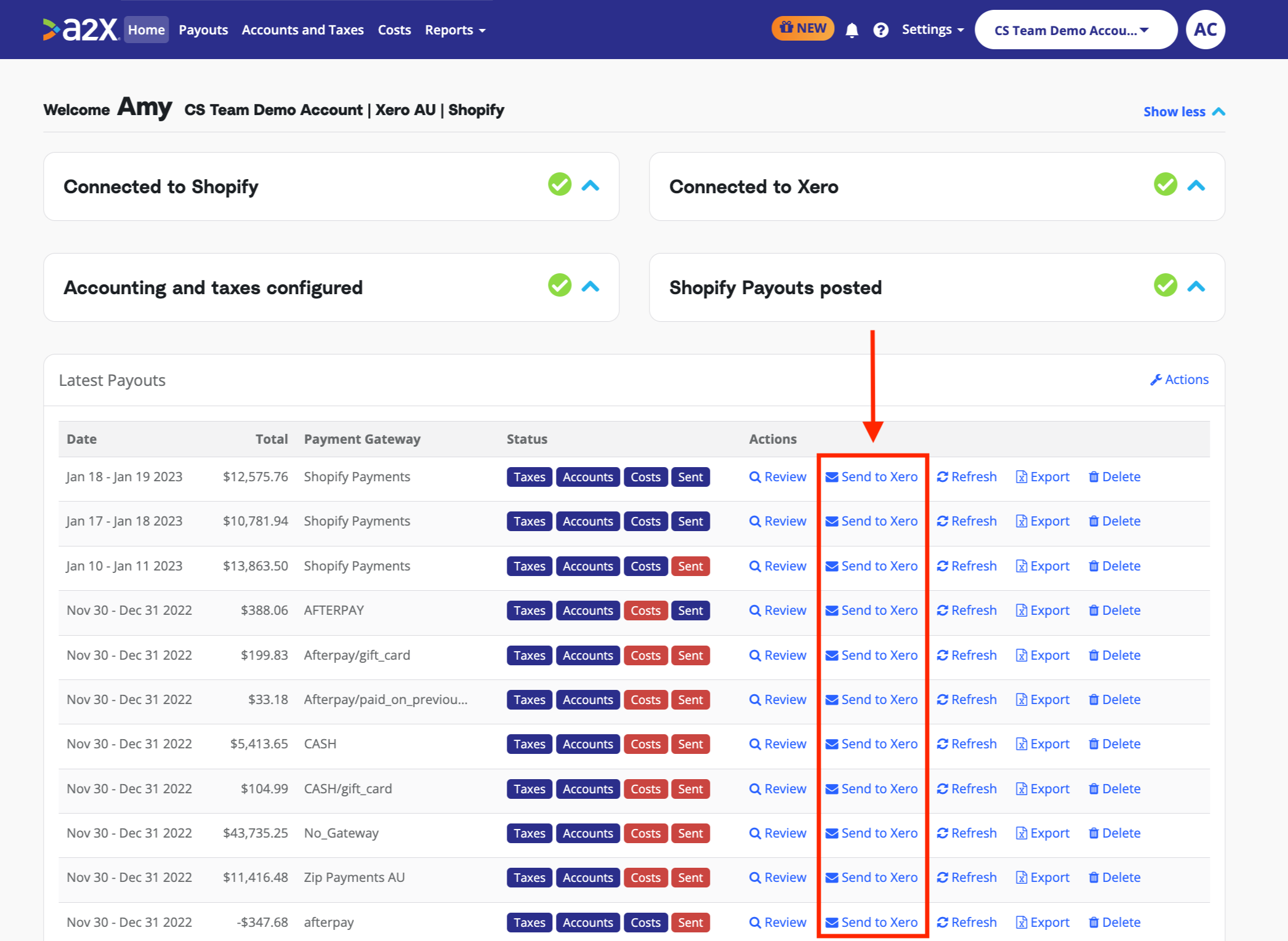 A screenshot of the A2X homepage showing payments from different payment gateways. A red arrow points out the "send to Xero" button