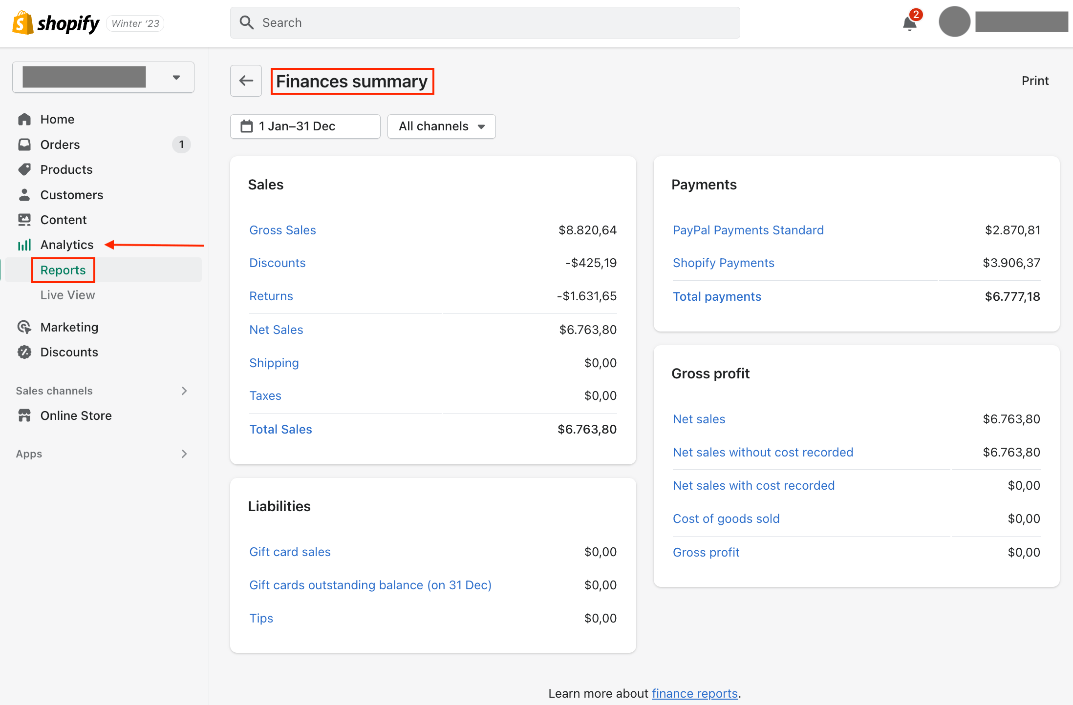 Screenshot demonstrating where to find the Finance Summary Report in Shopify