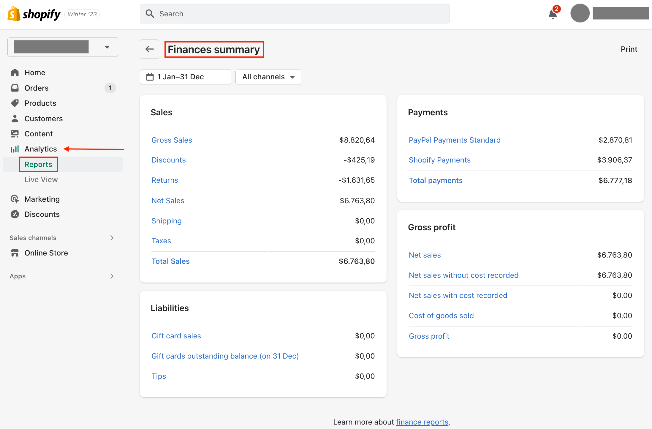 Finance Summary Report in Shopify Screenshot demonstrating where to find the Finance Summary Report in Shopify