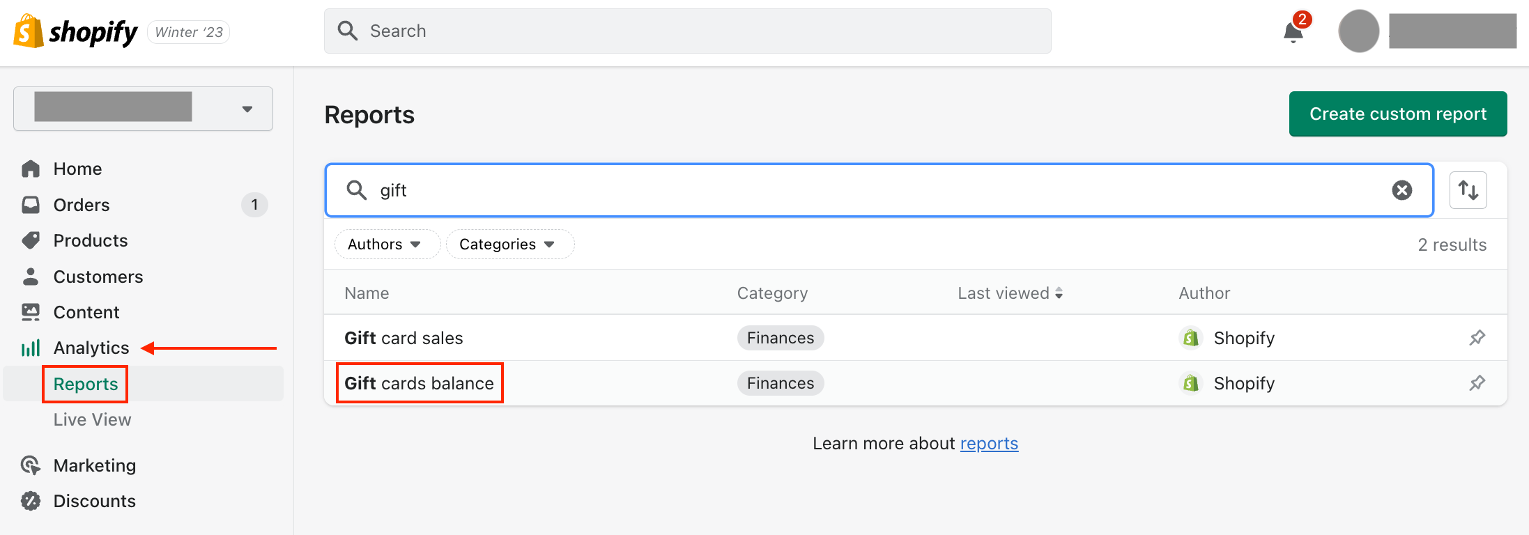 Screenshot showing how to find the gift card balance in Shopify by going to Analytics, then Reports, then typing "gift card balance"