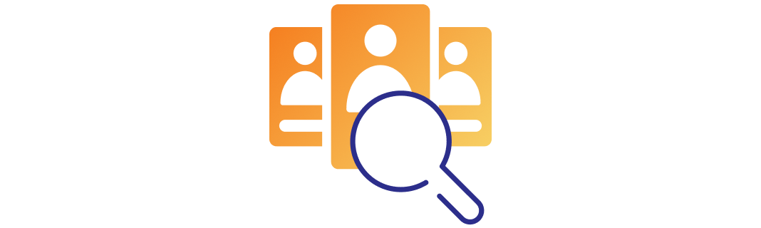 Accountants A blue magnifying glass against three icons symbolising profiles