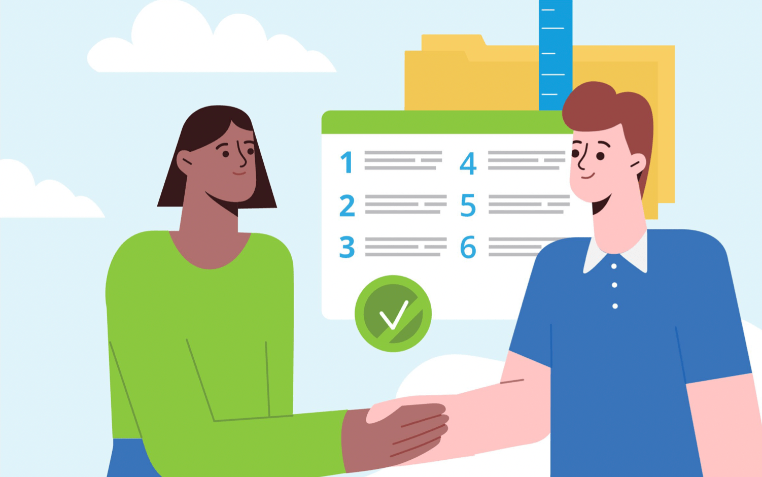 An accountant welcoming an ecom client An illustration of an accountant shaking hands with a new ecommerce client. In the background is a cartoon of a list of items, an onboarding list for the new client