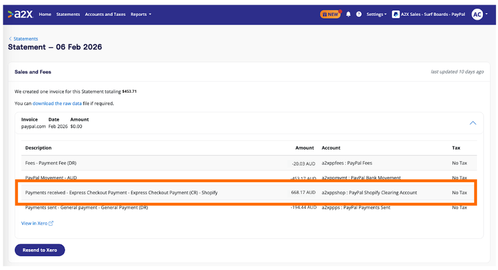 An A2X for PayPal journal highlighting a Shopify checkout payment mapped to the PayPal Shopify Clearing Account.