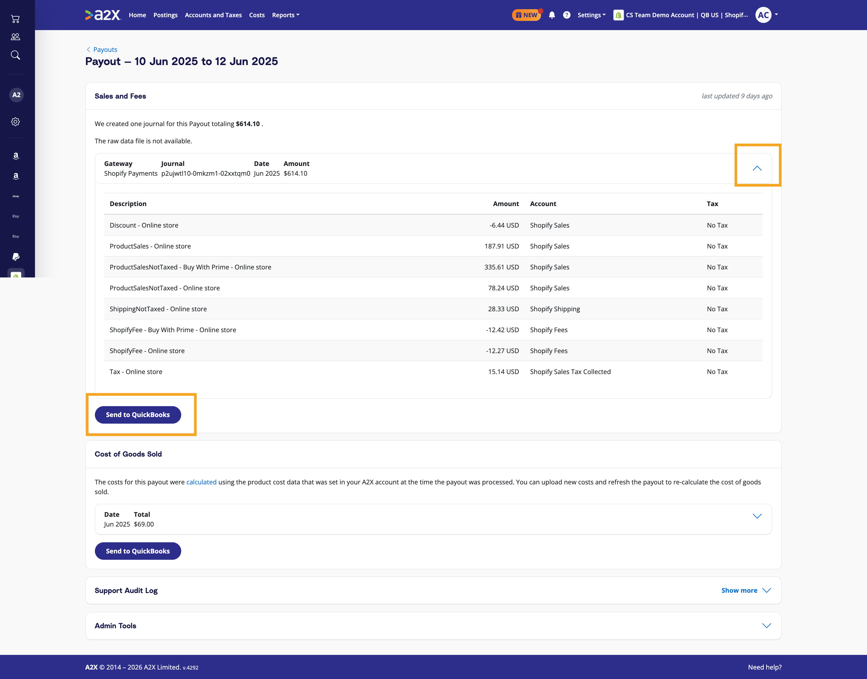 How to review Shopify payouts in A2X and see how A2X has categorized the transactions. Click the 'Send to QuickBooks' button when you're ready.