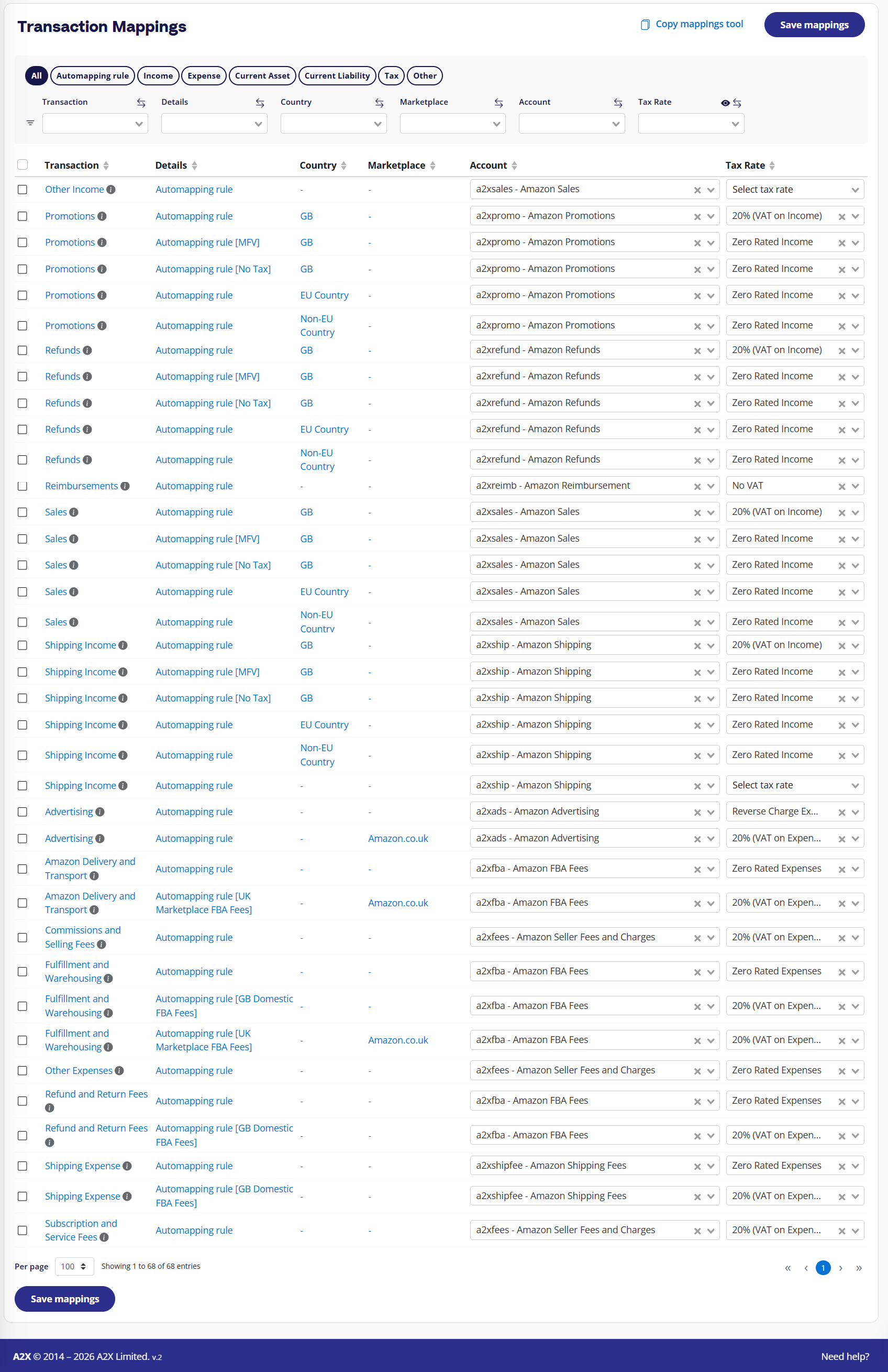 A2X Accounts & Taxes Mappings page showing flexible UK VAT and account mapping for Amazon sales and expenses by country.