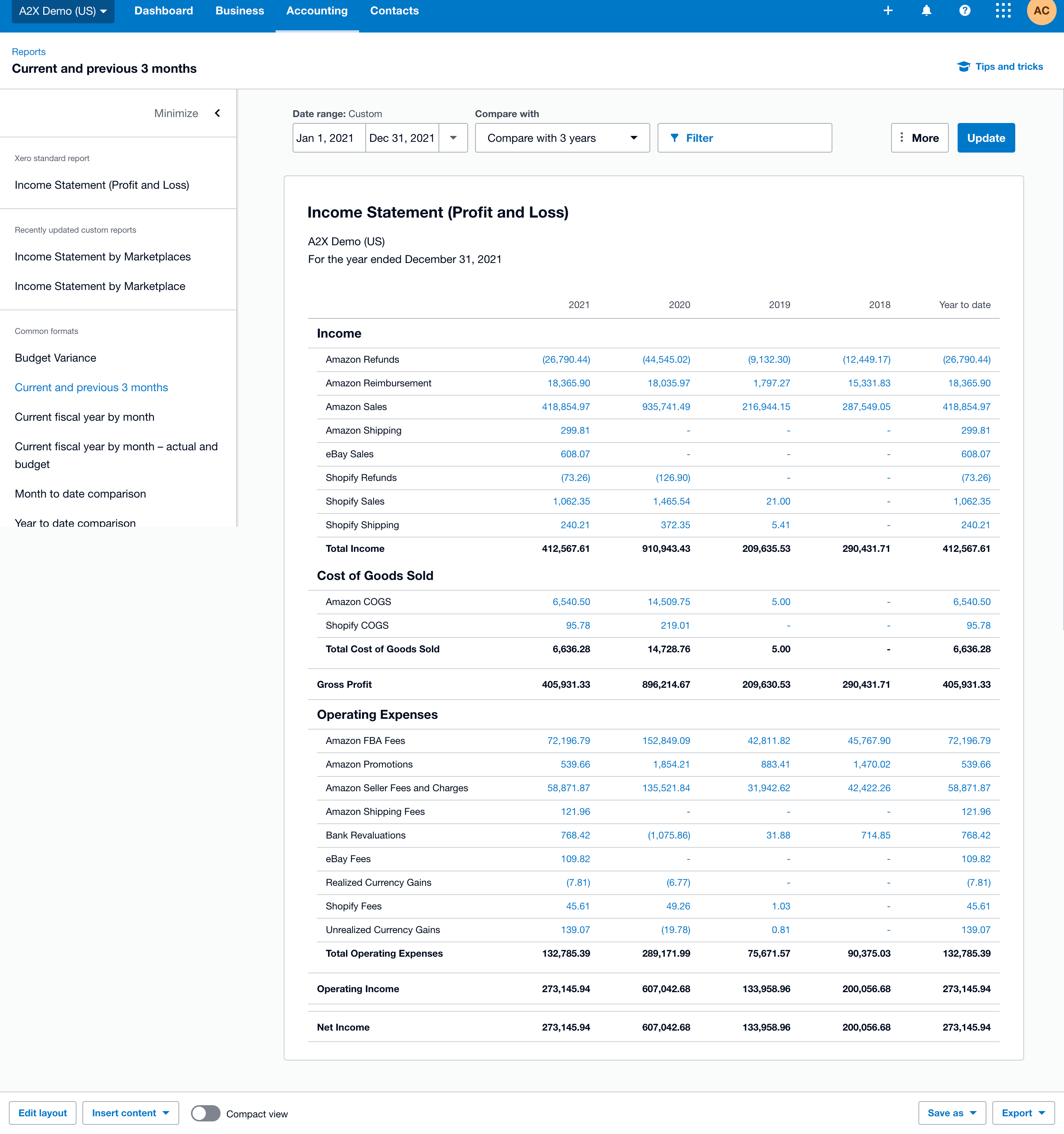 A screenshot showing what a Profit and Loss statement looks like in Xero