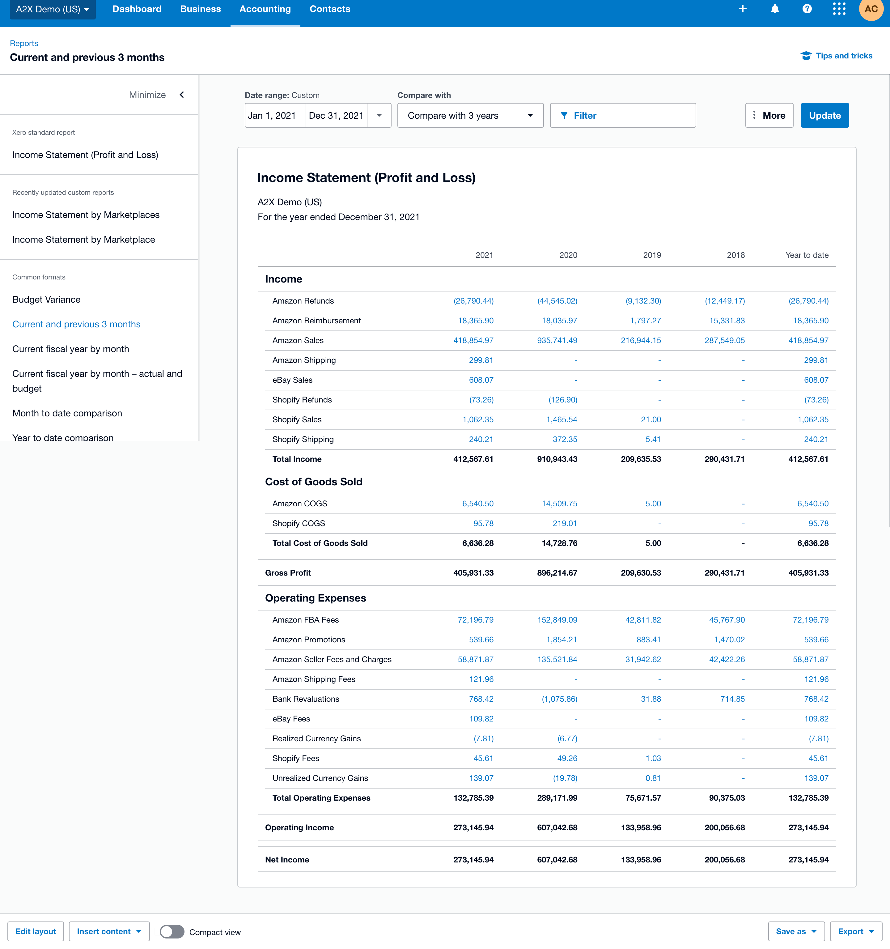 P&L in Xero A screenshot showing what a Profit and Loss statement looks like in Xero
