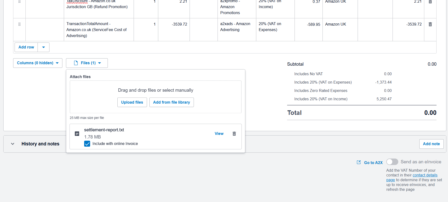 A Xero invoice generated by A2X showing an attached settlement report file, demonstrating the unbroken digital link required for HMRC Making Tax Digital compliance.