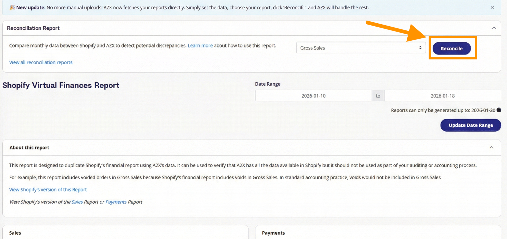The A2X Shopify Reconciliation Report 