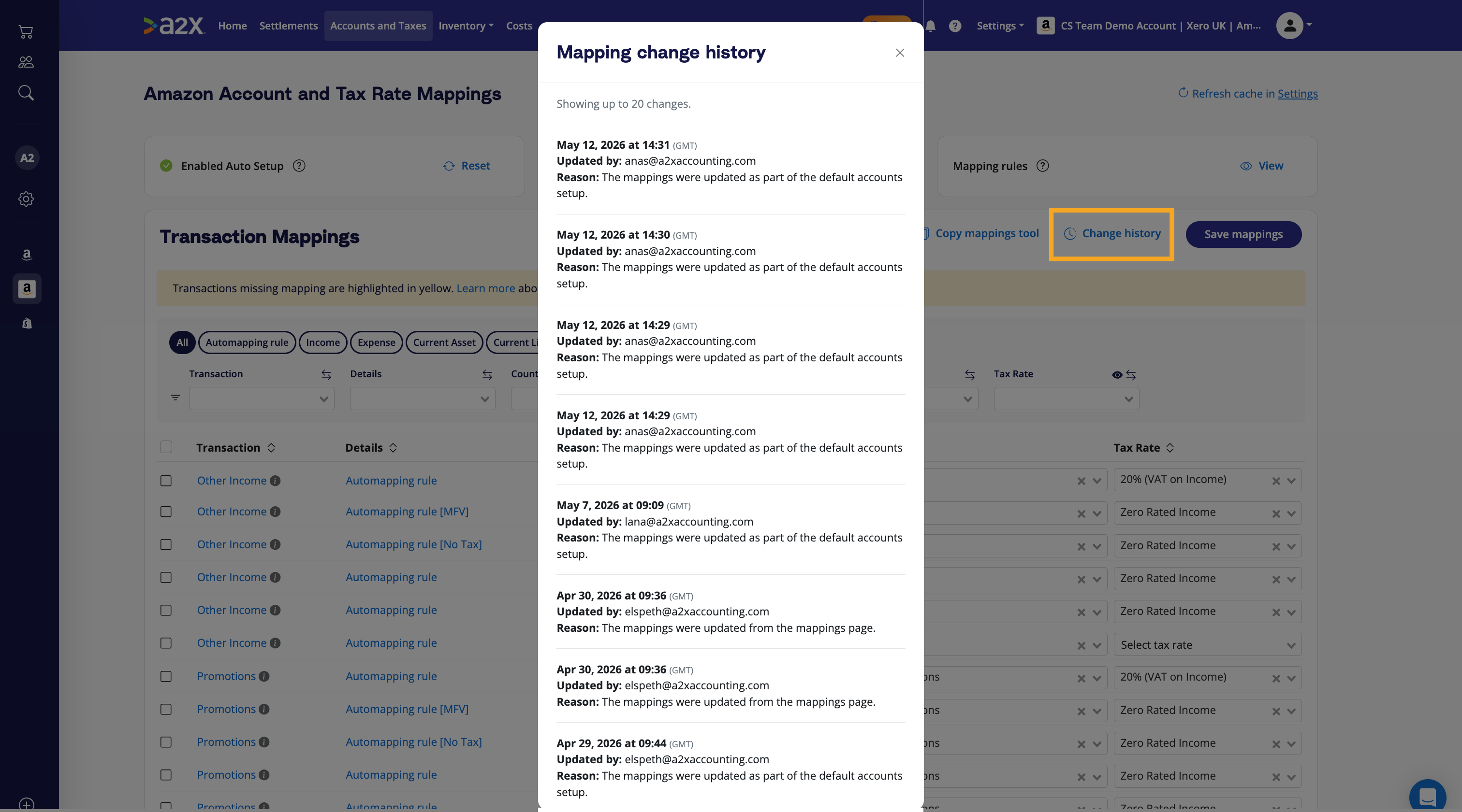 A2X change history on the mapping page